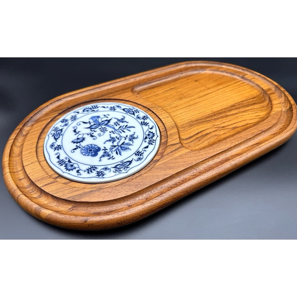 Vintage Dolphin Teakwood Serving Tray Blue Whit Onion Danube Porcelain Plate